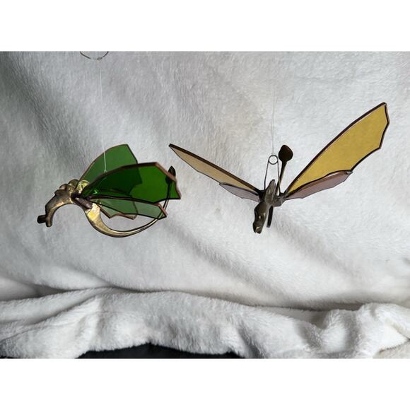 Pair Solid Brass Dragon Fire Stained Colored Glass Red Green Sun catchers 8" - Picture 5 of 16